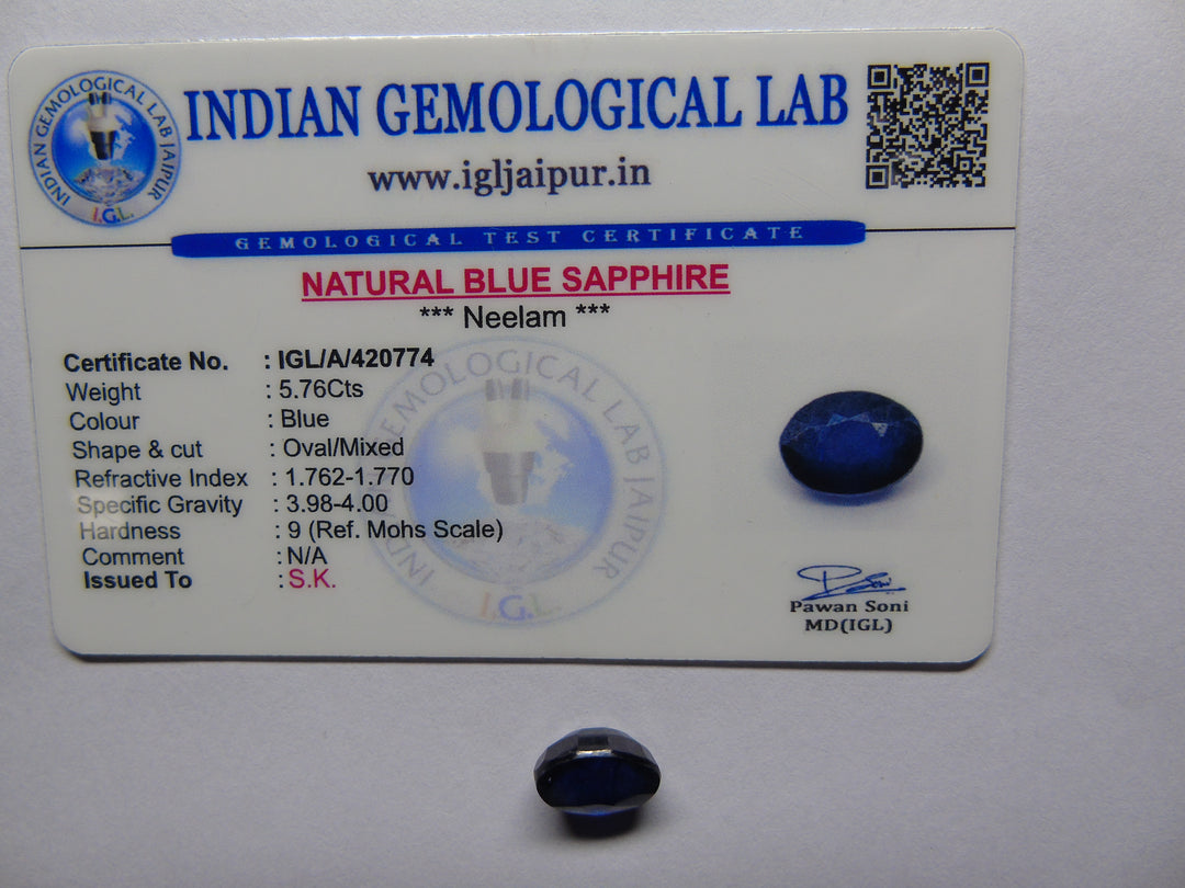 Blue Sapphire(Neelam)_Bangkok: Luster A:Natural, Certified
