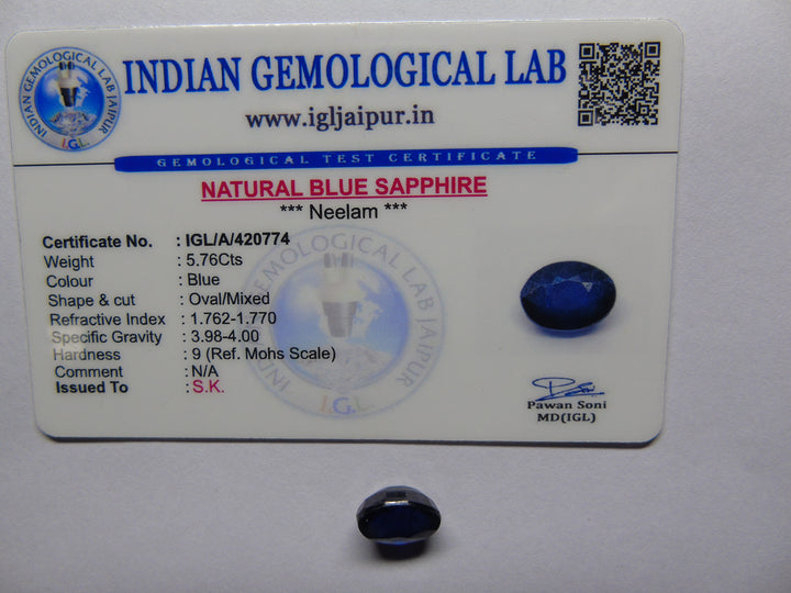 Blue Sapphire(Neelam)_Bangkok: Luster A:Natural, Certified