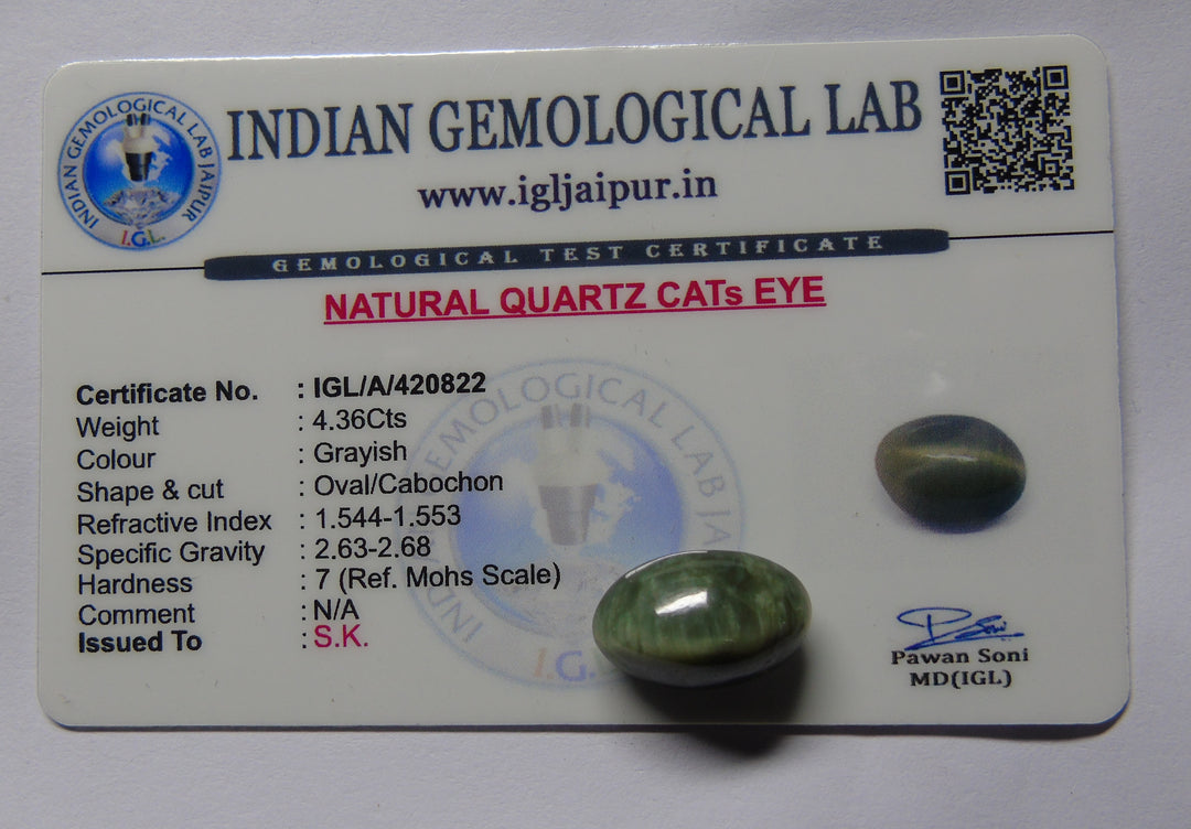 Catseye(Lehsunia): Luster A:Natural, Certified